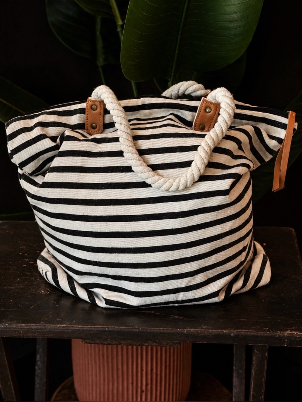 Striped Canvas Rope Handle Large Tote Bag by Summer Rose - Black & White